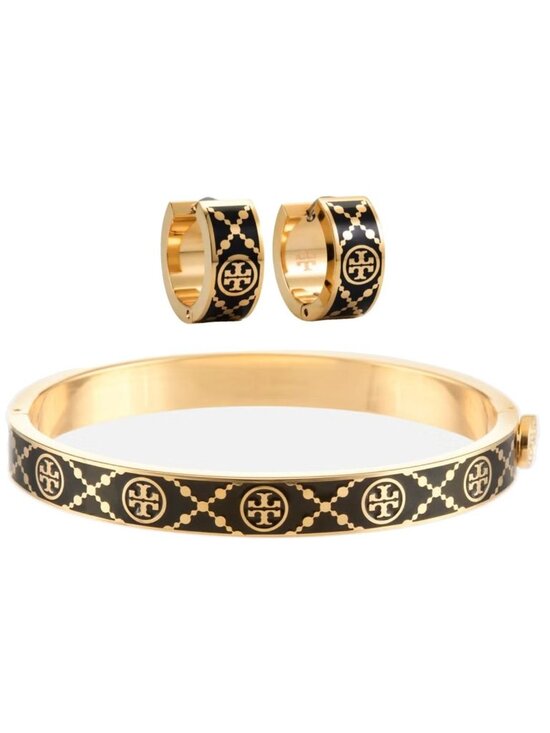 Tory Burch Jewelry - Tory Burch Black and Gold T-Monogram Huggie Earrings and Bracelet Set -10169